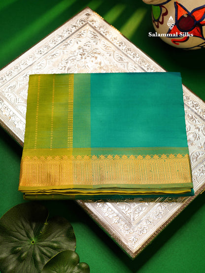 Beautiful Sapphire Blue Plain Semi Silk Cotton Saree With Contrast Parrot Green Blouse