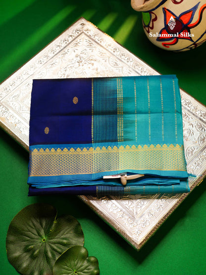Beautiful Navy Blue Chakaram Zari Butta Pure Silk Cotton Saree With Contrast Anandha Blue Traditional Border