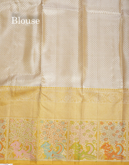 Sandal Bridal Pure Kanjivaram Silk Saree With Contrast Mustard Yellow Menakari Work Evening Morning Border