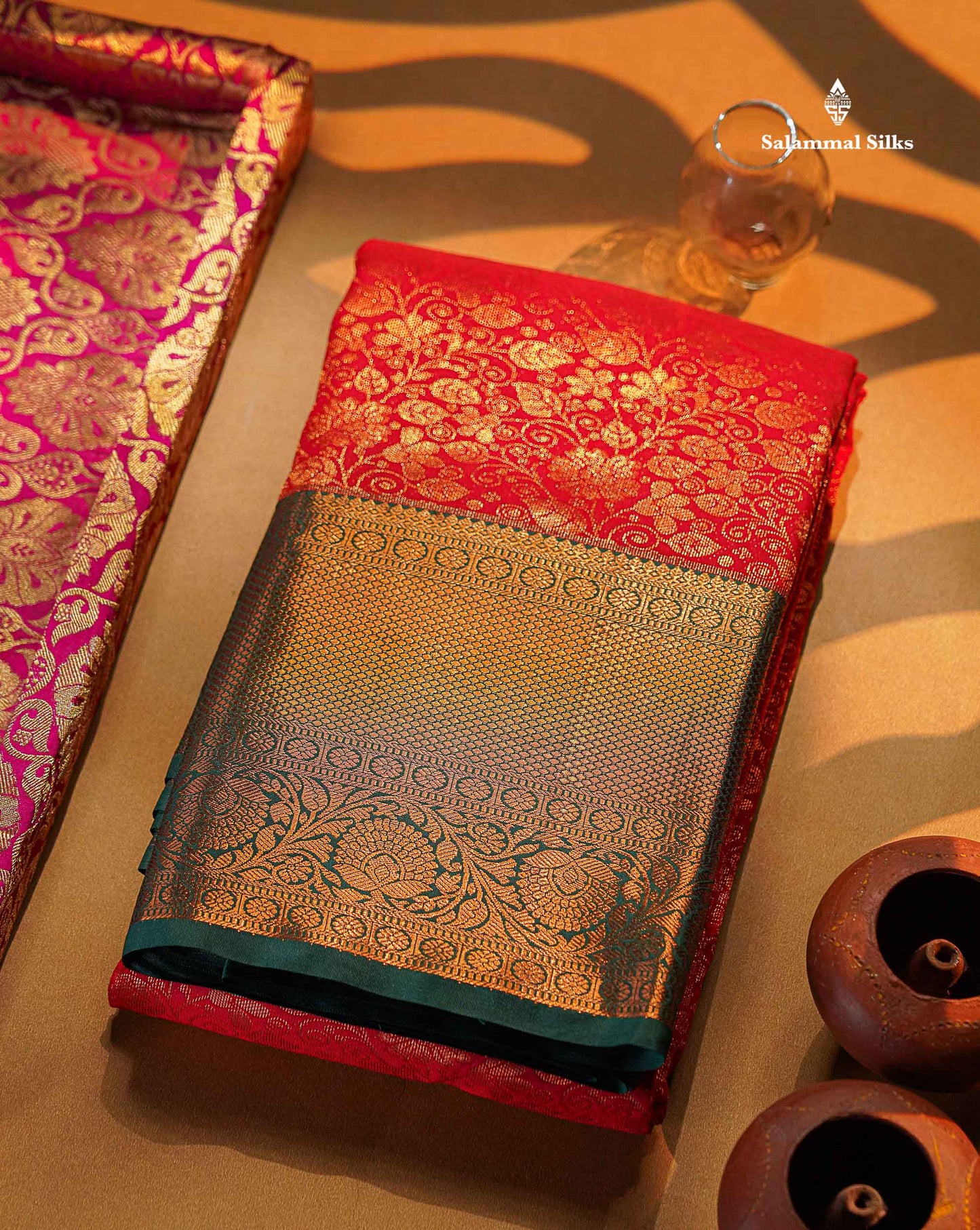 Magenta Pink Bridal Semi Silk Saree With Contrast Bottle Green Border