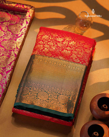 Magenta Pink Bridal Semi Silk Saree With Contrast Bottle Green Border