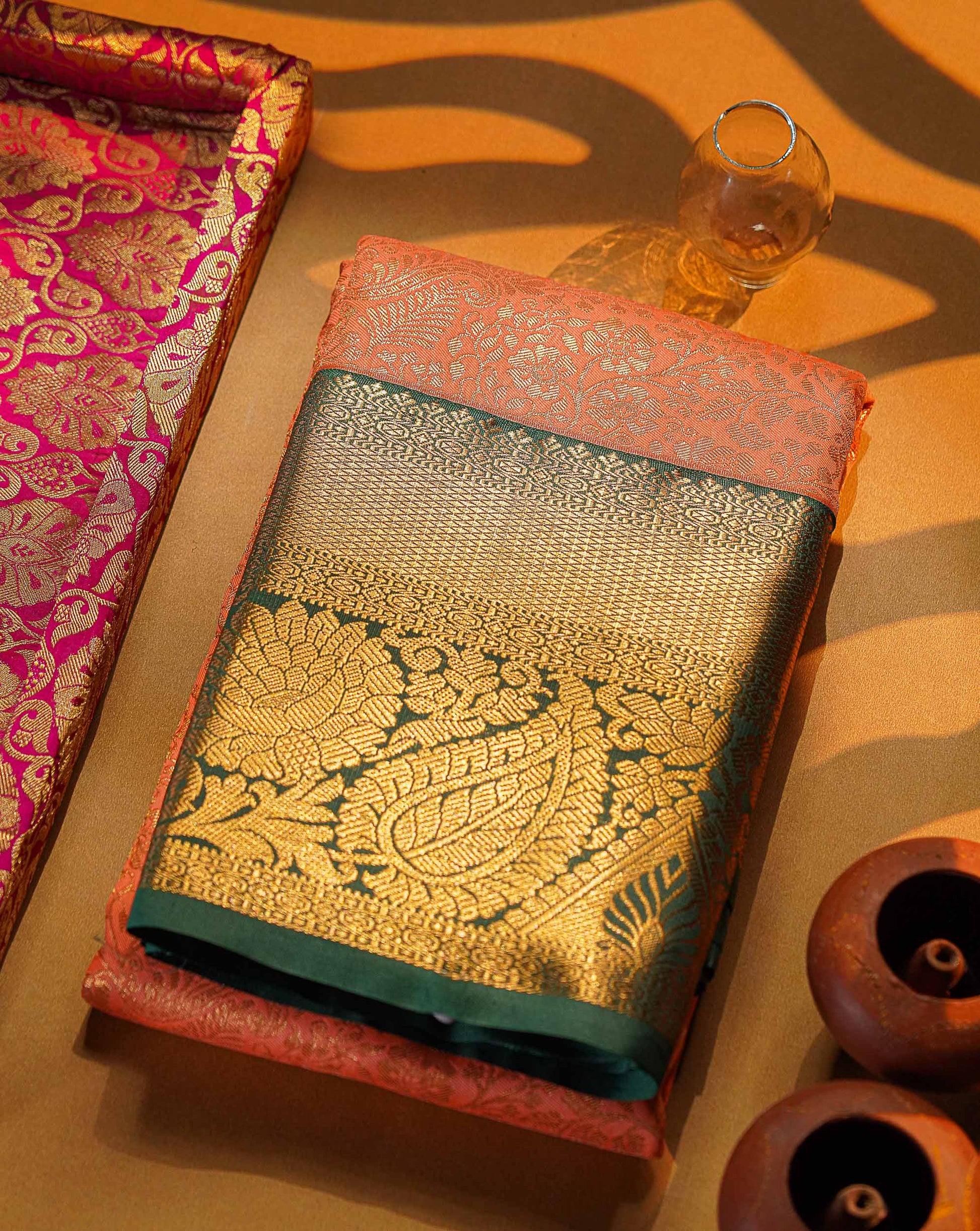 Bridal Semi Silk Saree -  Light Orange Colour Body With Contrast Bottle Green Evening Morning Borderr