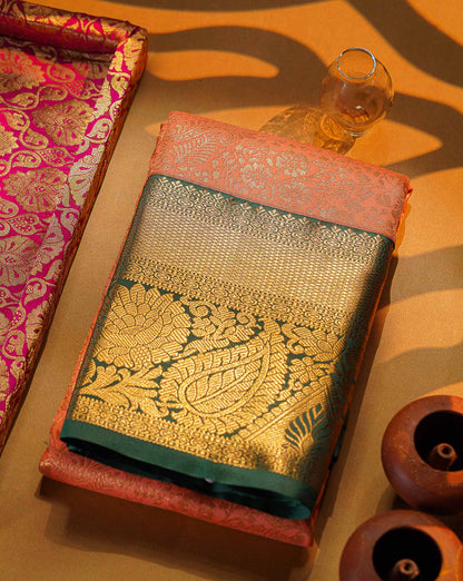 Bridal Semi Silk Saree -  Light Orange Colour Body With Contrast Bottle Green Evening Morning Borderr