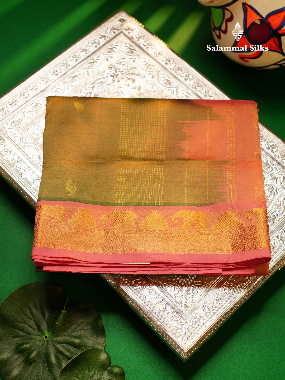 Beautiful Dual Tone Green Semi Silk Cotton Saree With Contrast Baby Pink Traditional Border