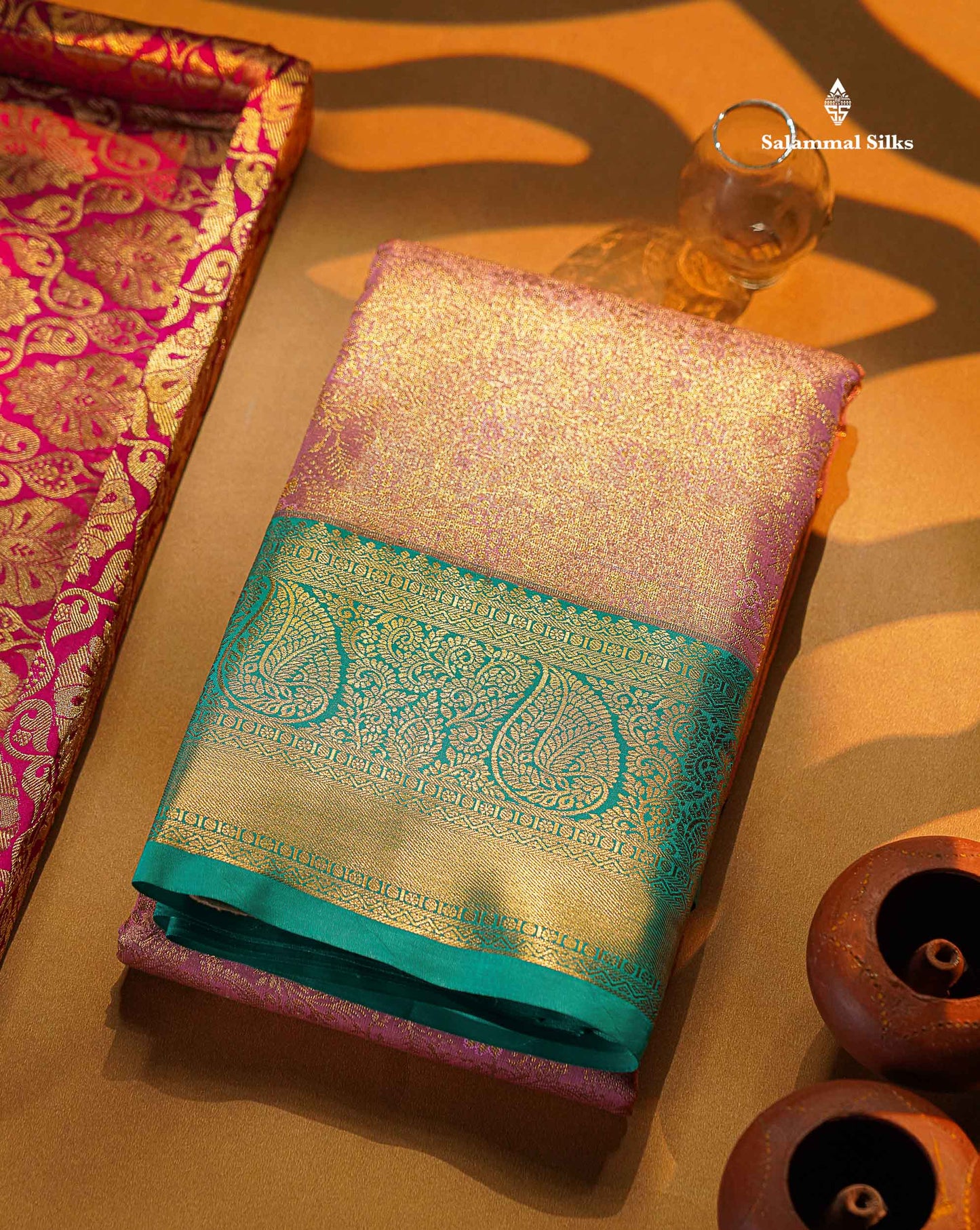 Bridal Semi Silk Saree - Light Pink Colour Body Tissue With Contrast Light Rexona Green Evening Morning Border