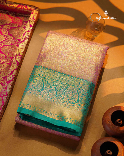 Bridal Semi Silk Saree - Light Pink Colour Body Tissue With Contrast Light Rexona Green Evening Morning Border