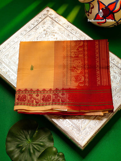 Beautiful Sandal Thread Buttas Handloom Semi Silk Cotton Saree With Maroon Traditional Thread Border