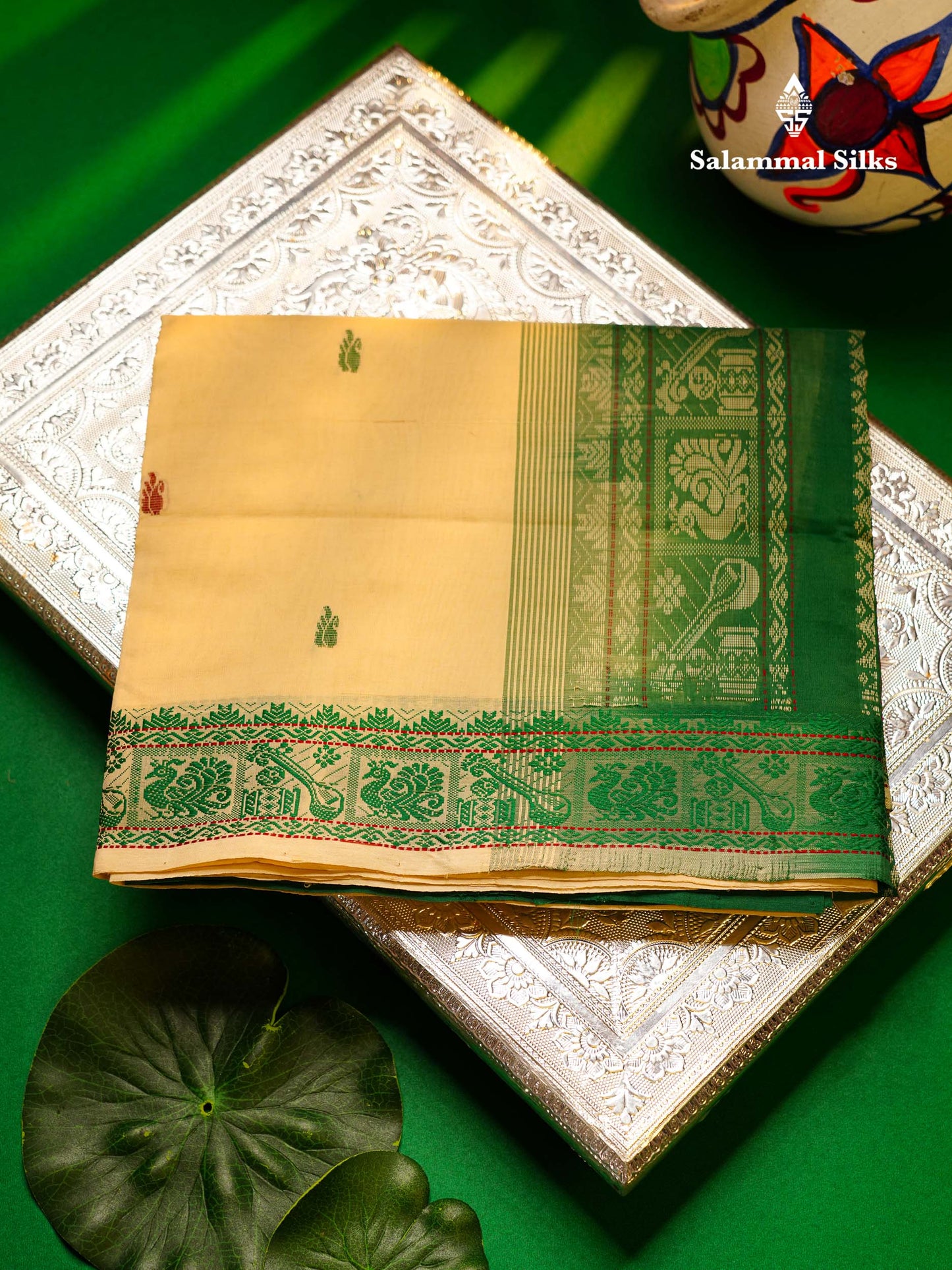 Beautiful Sandal Thread Buttas Handloom Semi Silk Cotton Saree With Maroon Traditional Thread Border