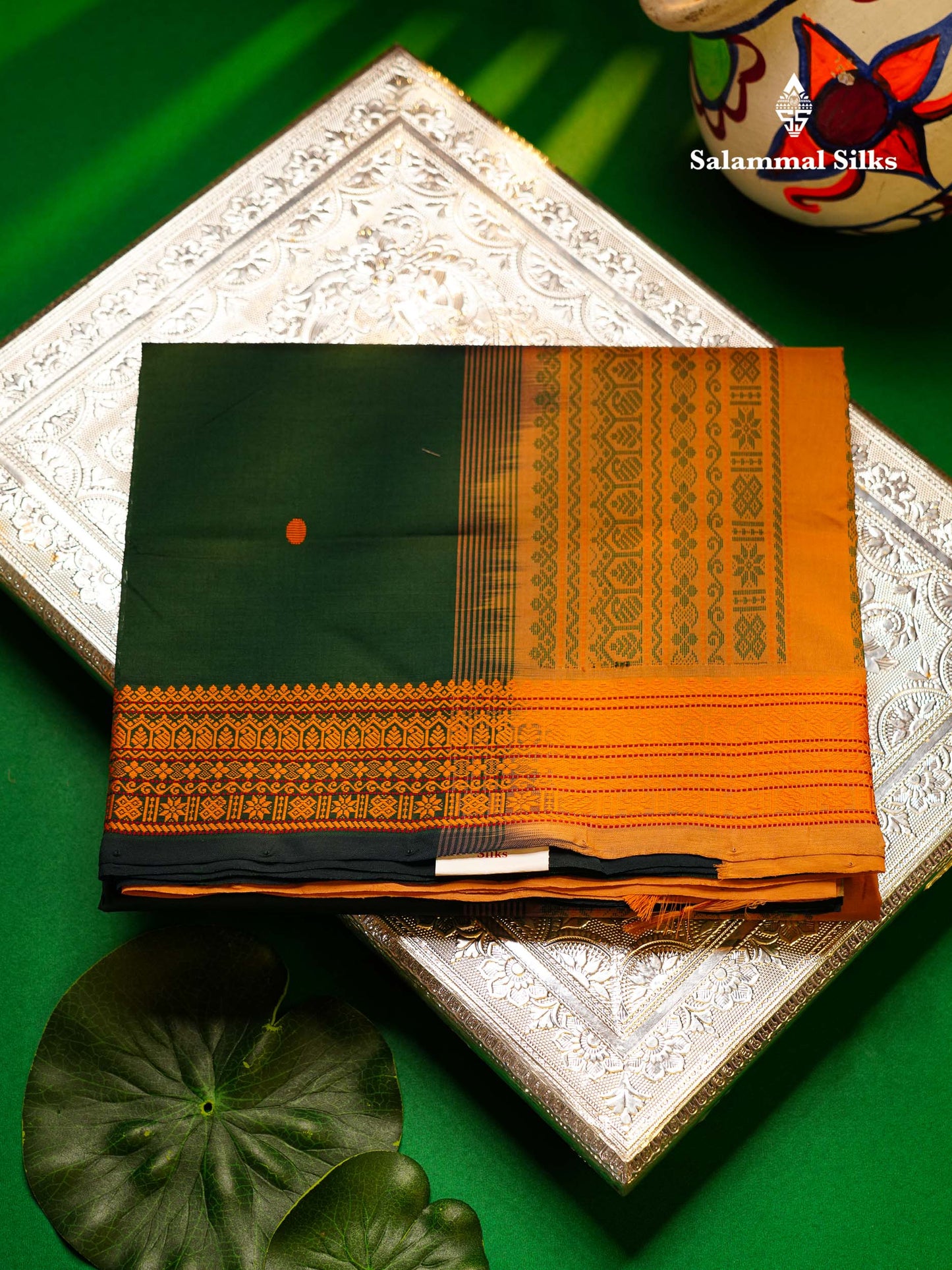 Beautiful Bottle Green Thread Buttas Handloom Semi Silk Cotton Saree With Yellow Traditional Thread Border