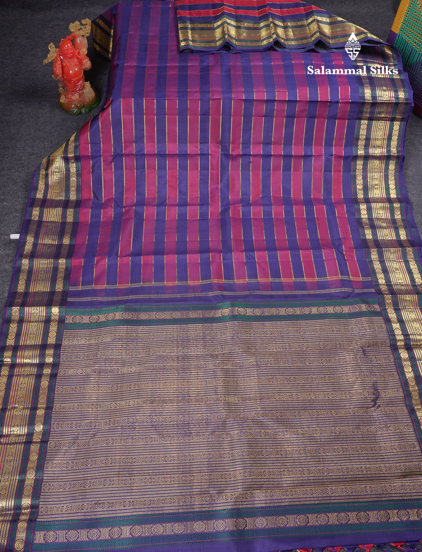 Beautiful Maroon & Navy Blue Pure Kanjivaram Silk Saree With Contrast Navy Blue Traditional Border
