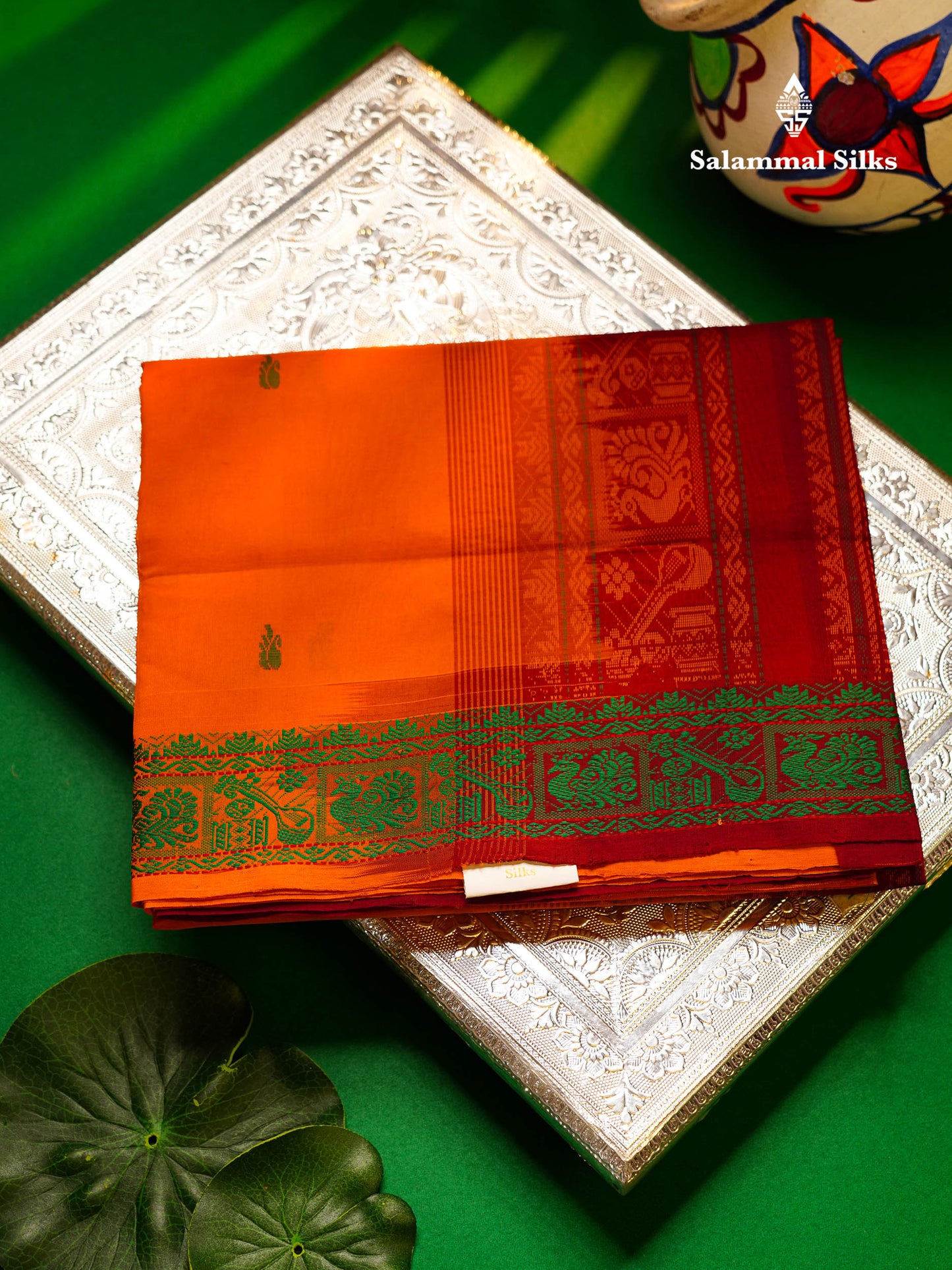 Beautiful Sandal Thread Buttas Handloom Semi Silk Cotton Saree With Maroon Traditional Thread Border