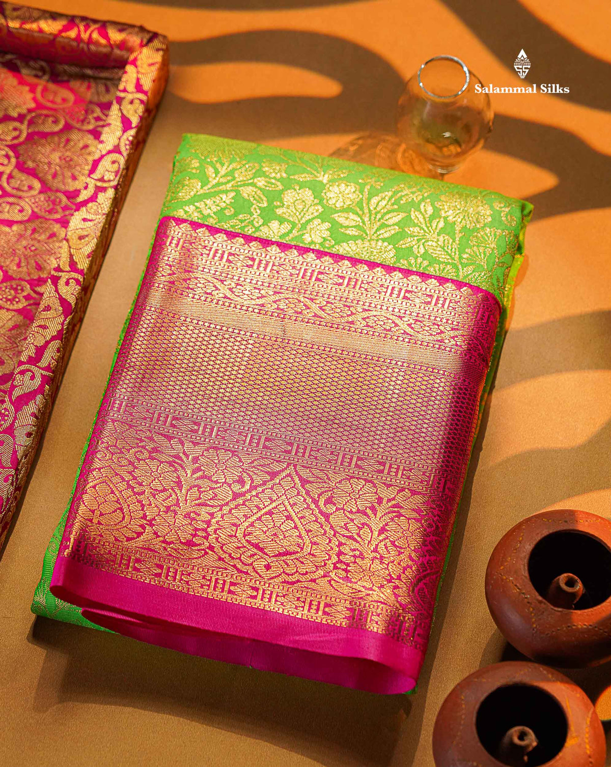 Beautiful Parrot Green Bridal Semi Silk Saree With Contrast Pink Traditional Evening Morning Border