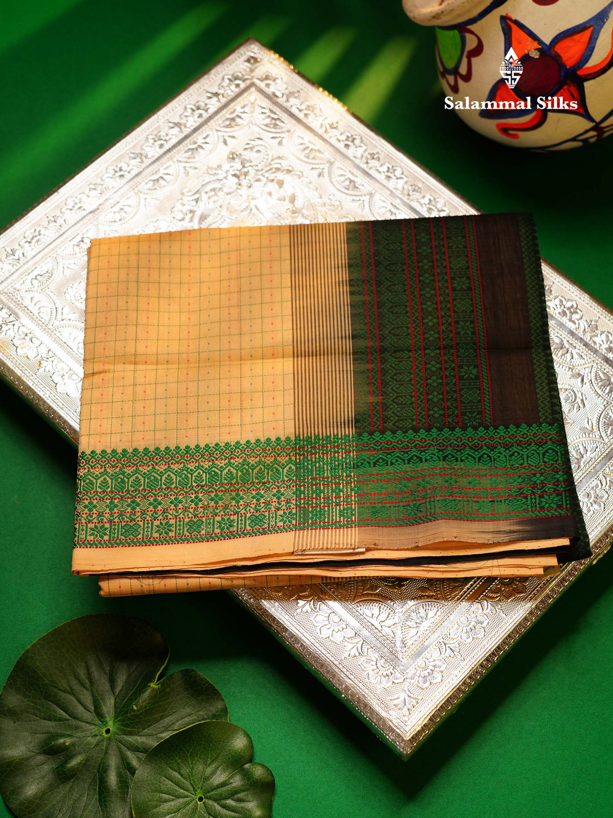 Beautiful Sandal Small Checks Thraed Work Semi Silk Cotton Saree With Contrast Black Blouse