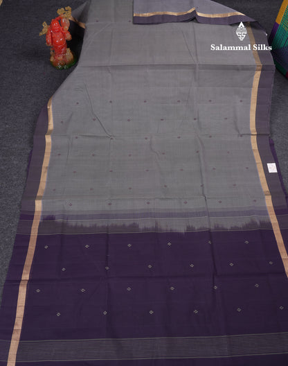 Beautiful Grey Thread Work Butta Handloom Pure Cotton Saree With Contrast Dark Violet Blouse