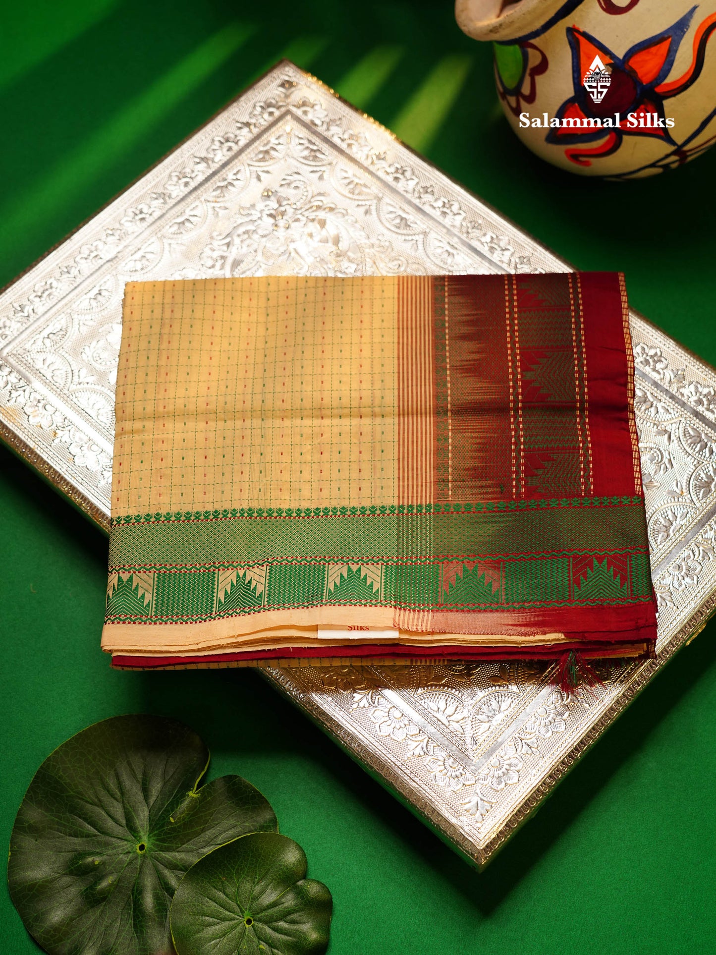 Beautiful Cream Sandal Small Checks Thraed Work Semi Silk Cotton Saree With Contrast Maroon Blouse