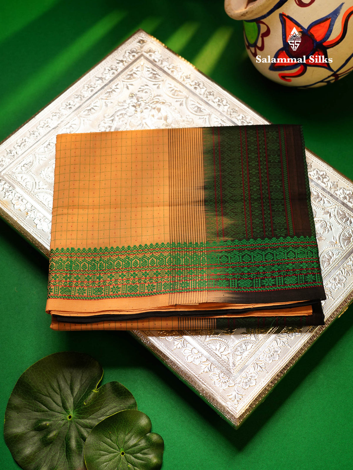 Beautiful Dark Sandal Small Checks Thraed Work Semi Silk Cotton Saree With Contrast Black Blouse