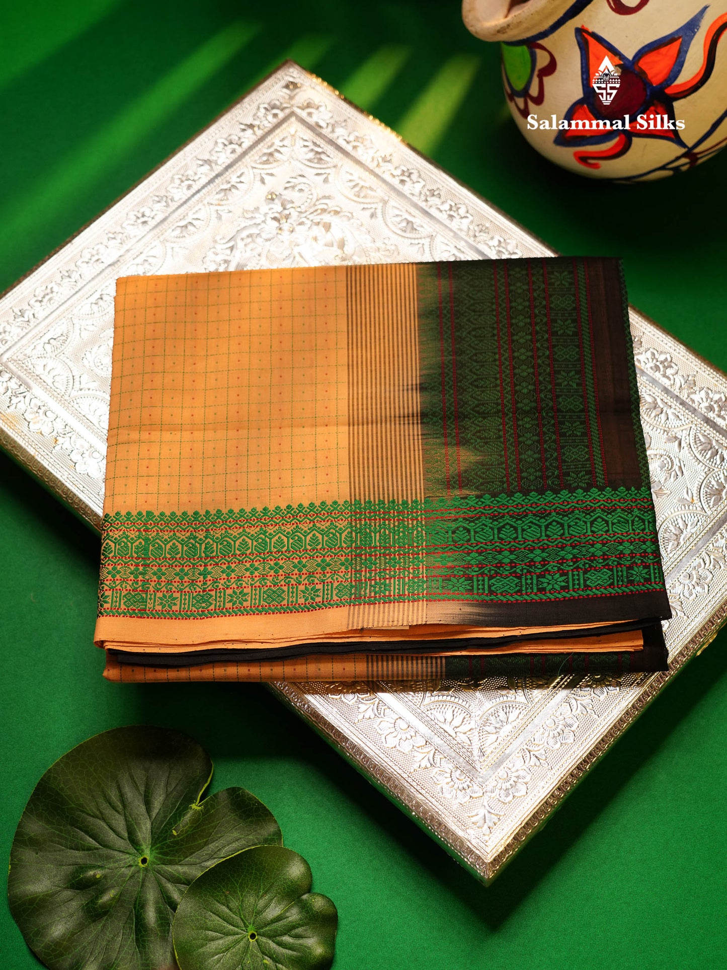 Beautiful Dark Sandal Small Checks Thraed Work Semi Silk Cotton Saree With Contrast Black Blouse