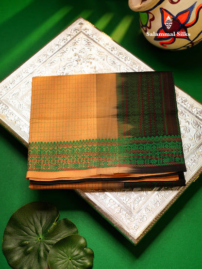 Beautiful Dark Sandal Small Checks Thraed Work Semi Silk Cotton Saree With Contrast Black Blouse