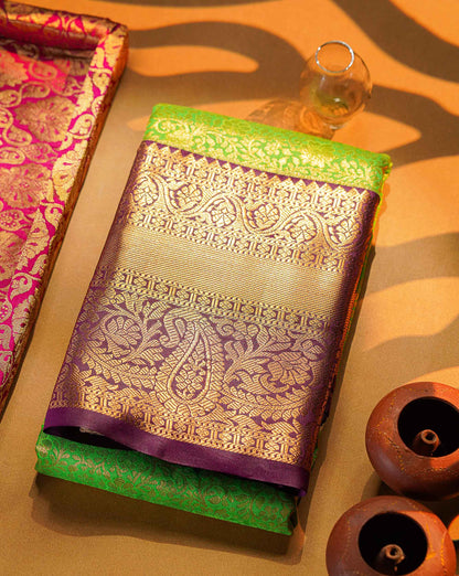 Bridal Semi Silk Saree -  Green Colour Body With Contrast Dark Purple Traditional Evening Morning Border