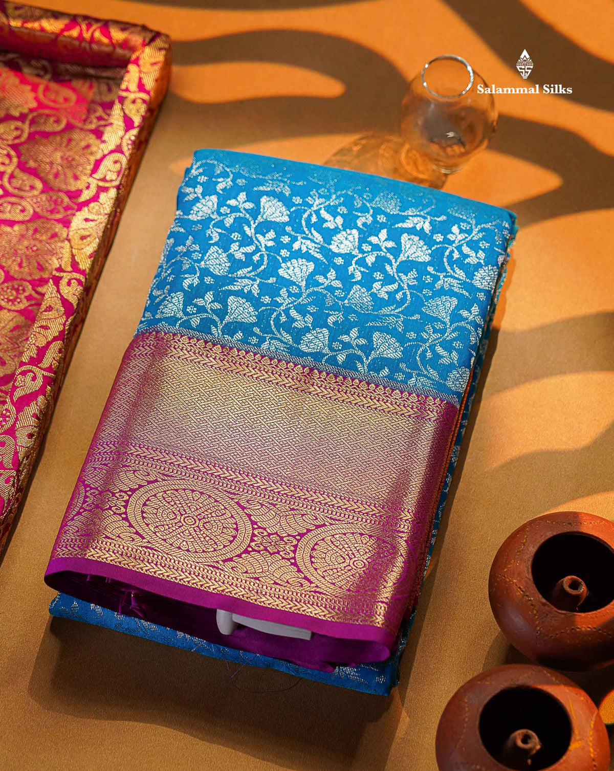 Sky Blue Bridal Semi Silk Saree With Contrast Vadamalli Border