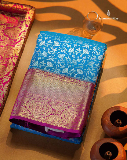 Sky Blue Bridal Semi Silk Saree With Contrast Vadamalli Border