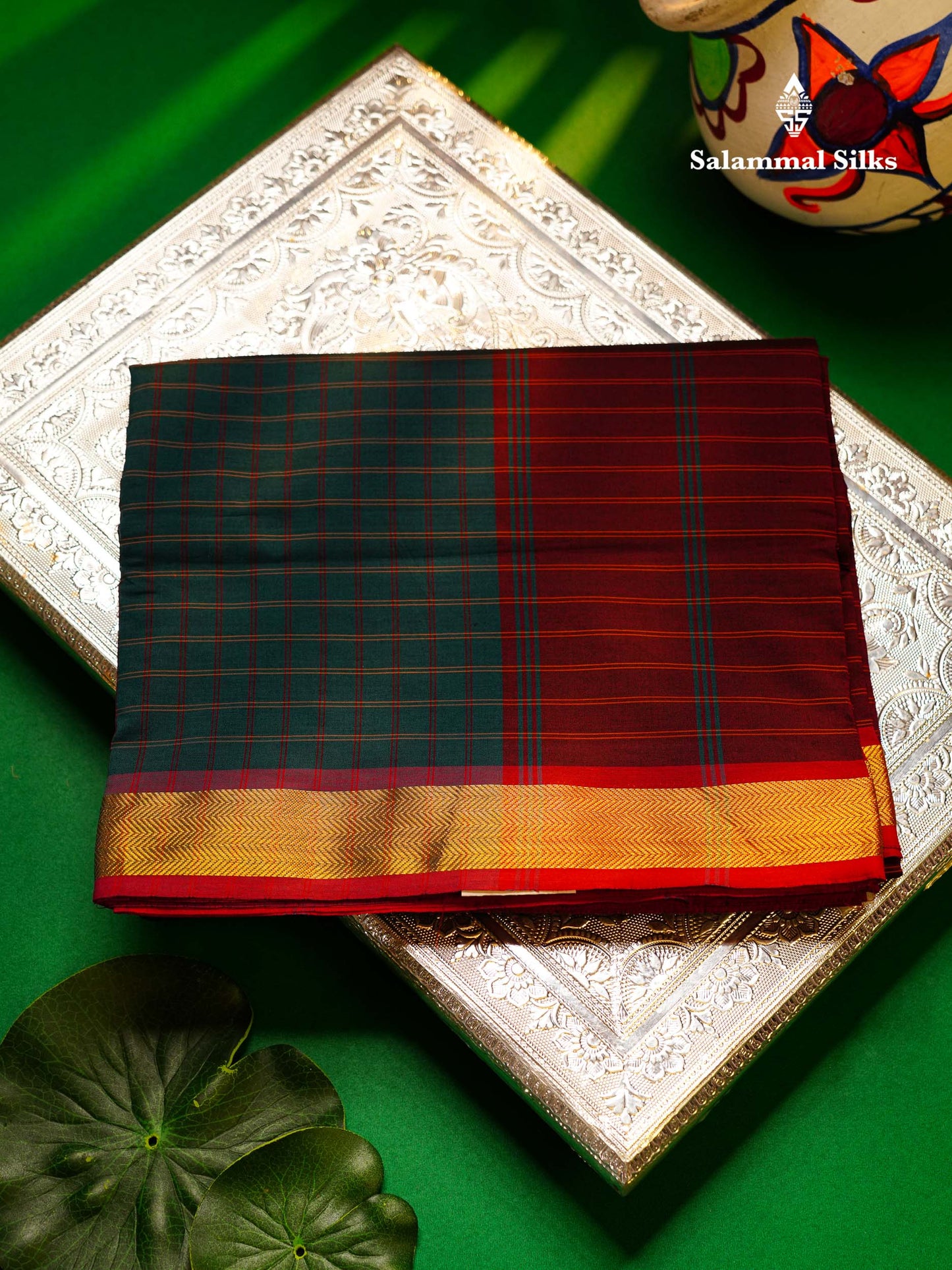Beautiful Grey Thread Checks Semi Silk Cotton Saree With Maroon Traditional Small Border