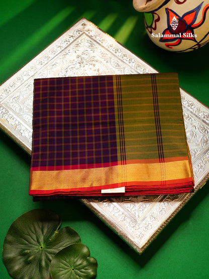 Beautiful Dark Purple Checks Semi Silk Cotton Saree With Contrast Olive Green Blouse