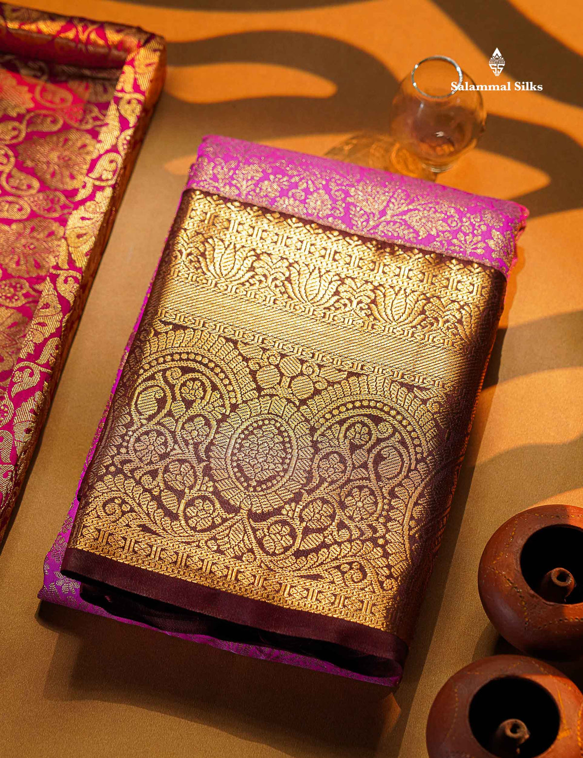 Magenta Pink Bridal Semi Silk Saree With Contrast Brown Long Border
