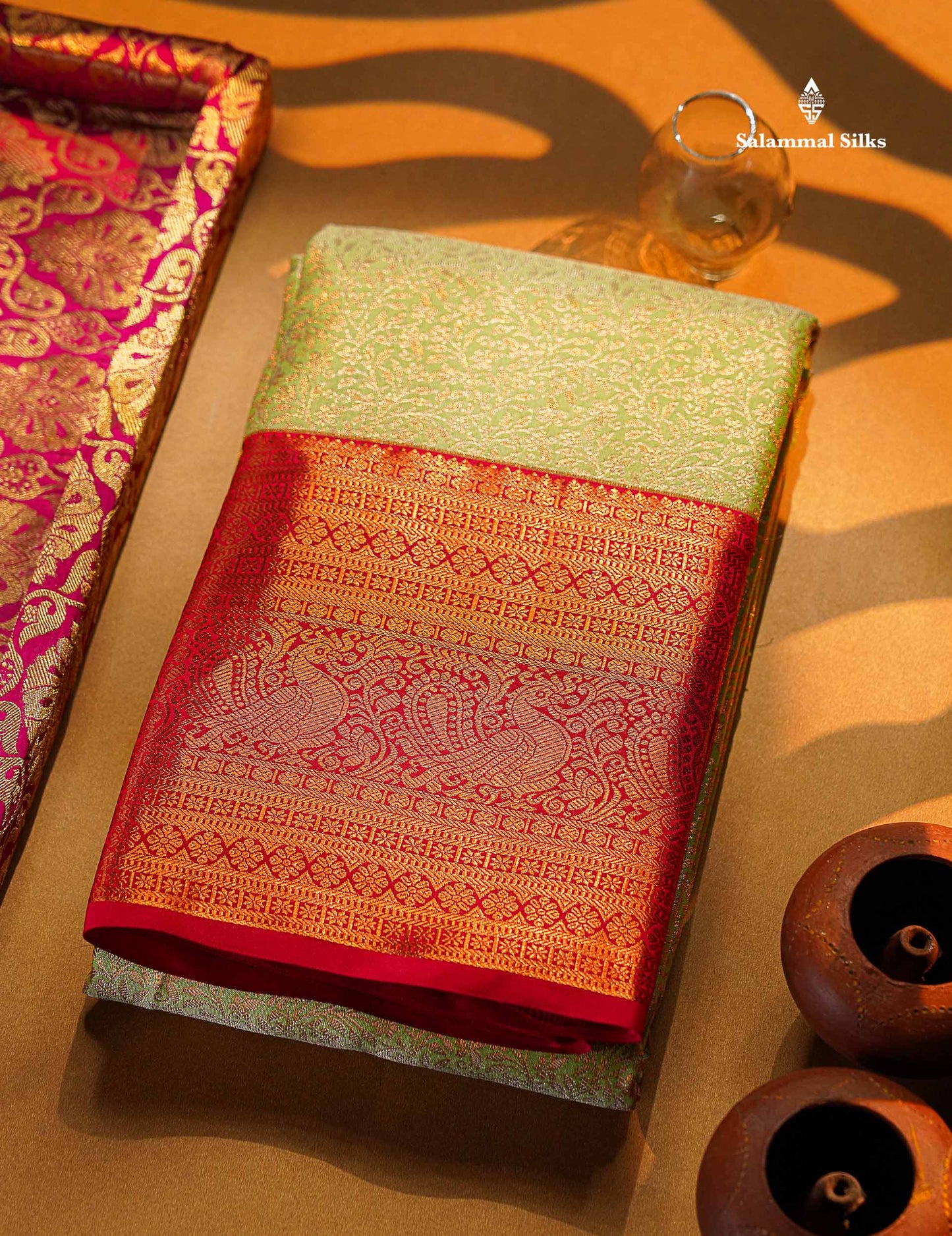 Beautiful Light Elaichi Green Bridal Semi Silk Saree With Contrast Pink Traditional Evening Morning Border