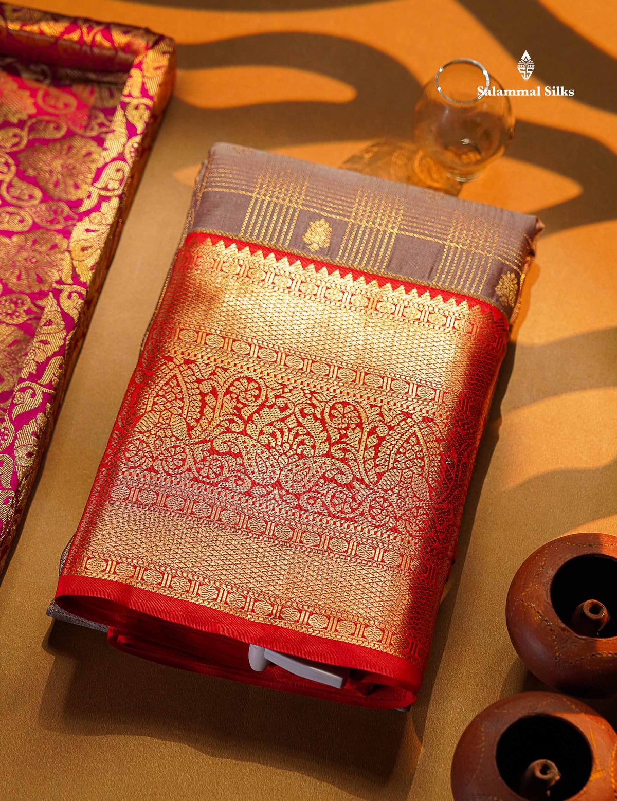 Beautiful Light Violet Checks With Butta Semi Silk Saree With Contrast Chilly Red Traditional Evening Morning Border