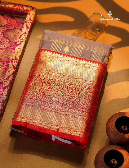 Beautiful Light Violet Checks With Butta Semi Silk Saree With Contrast Chilly Red Traditional Evening Morning Border