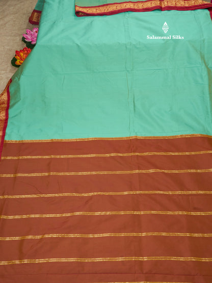 11 Yards Semi Silk Saree Green with Contrast Pink Border
