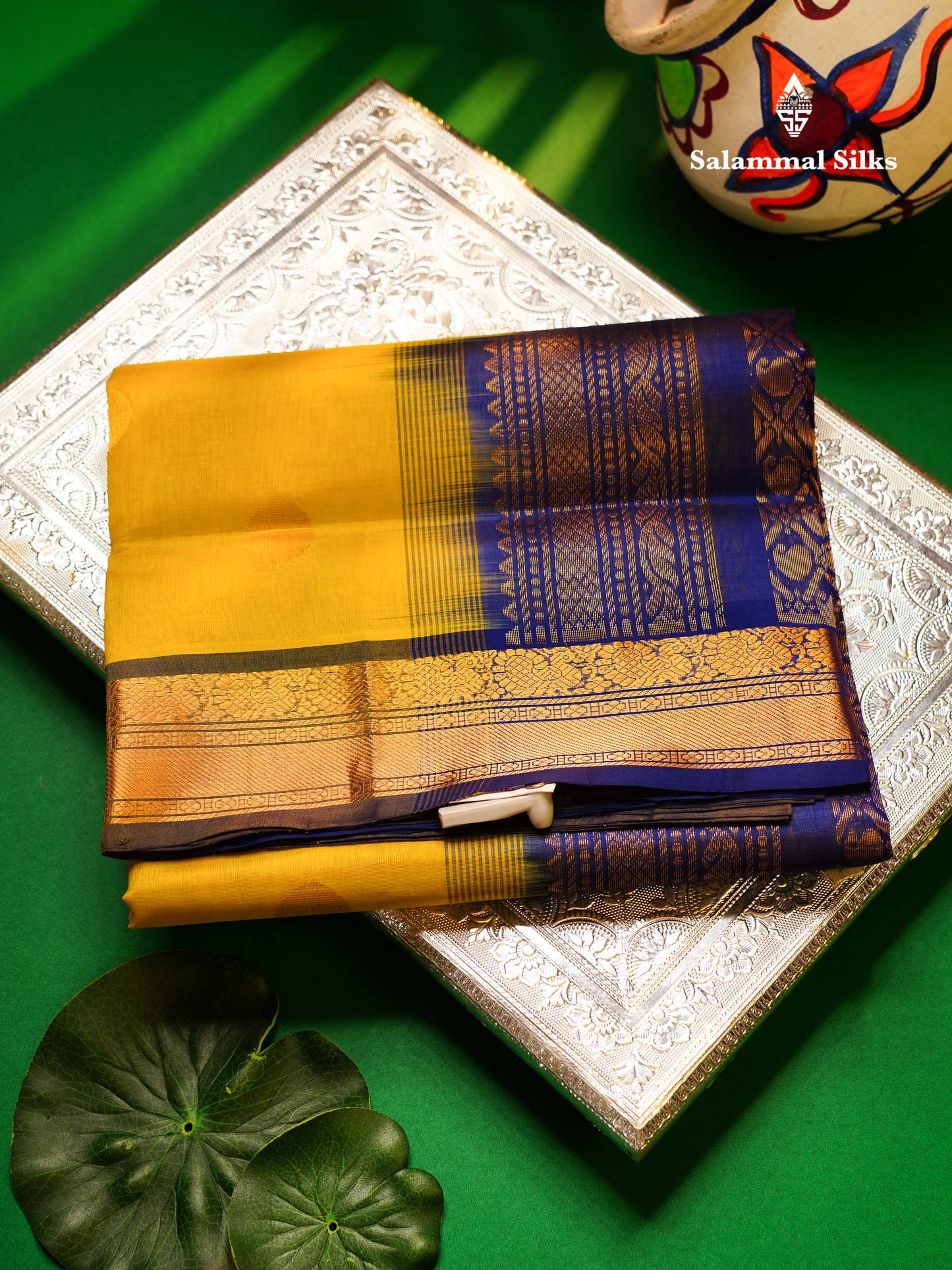 Beautiful Lemon Yellow Semi Silk Cotton Saree With Royal Blue Traditional Border