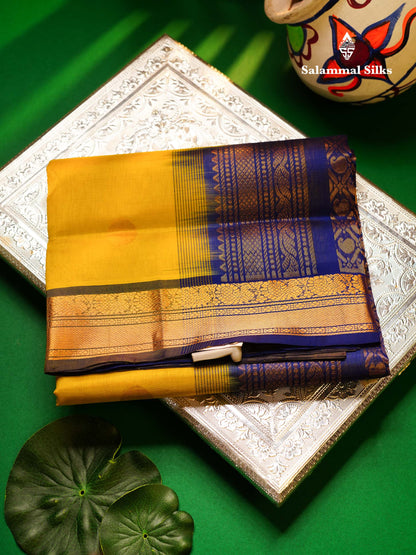 Beautiful Lemon Yellow Semi Silk Cotton Saree With Royal Blue Traditional Border