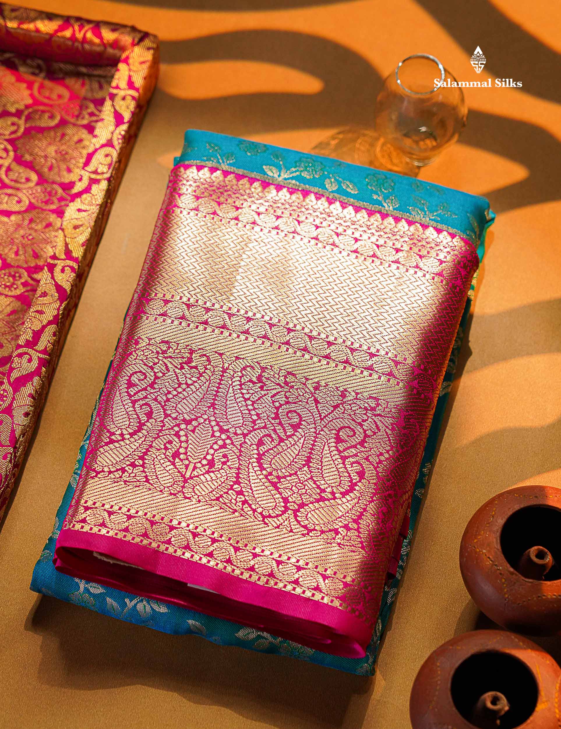 Bridal Semi Silk Saree -  Peacock Blue Colour Body With Contrast Pink Traditional Evening Morning Border