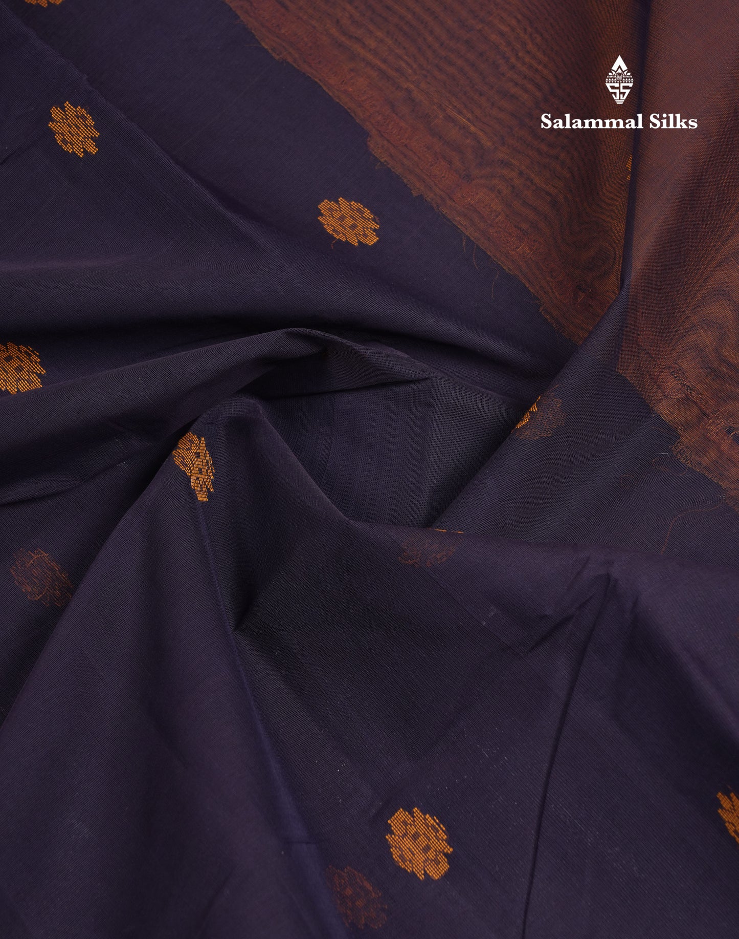 Beautiful Navy Blue Thread Work Butta Handloom Pure Cotton Saree With Contrast Mustard Yellow Blouse