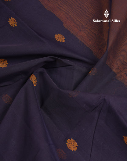 Beautiful Navy Blue Thread Work Butta Handloom Pure Cotton Saree With Contrast Mustard Yellow Blouse