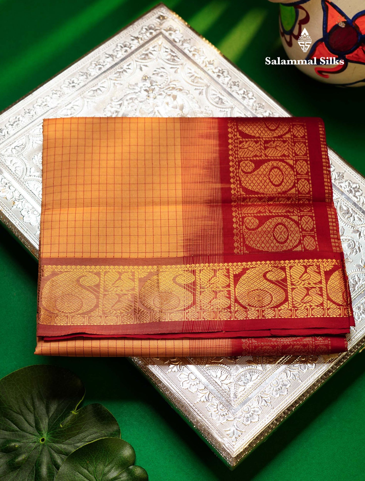 Beautiful Sandal Small Checks Semi Silk Cotton Saree With Contrast Maroon Blouse