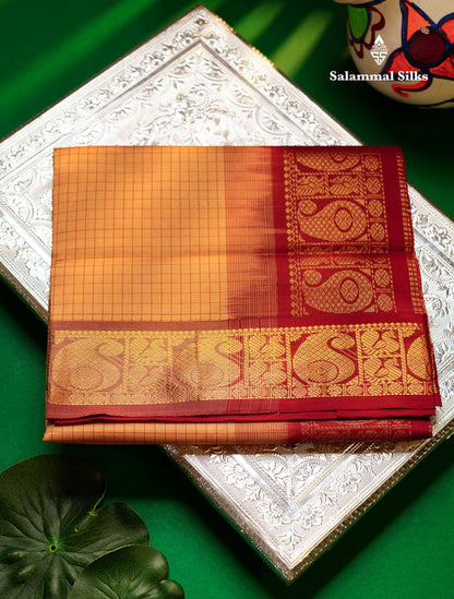 Beautiful Sandal Small Checks Semi Silk Cotton Saree With Contrast Maroon Blouse