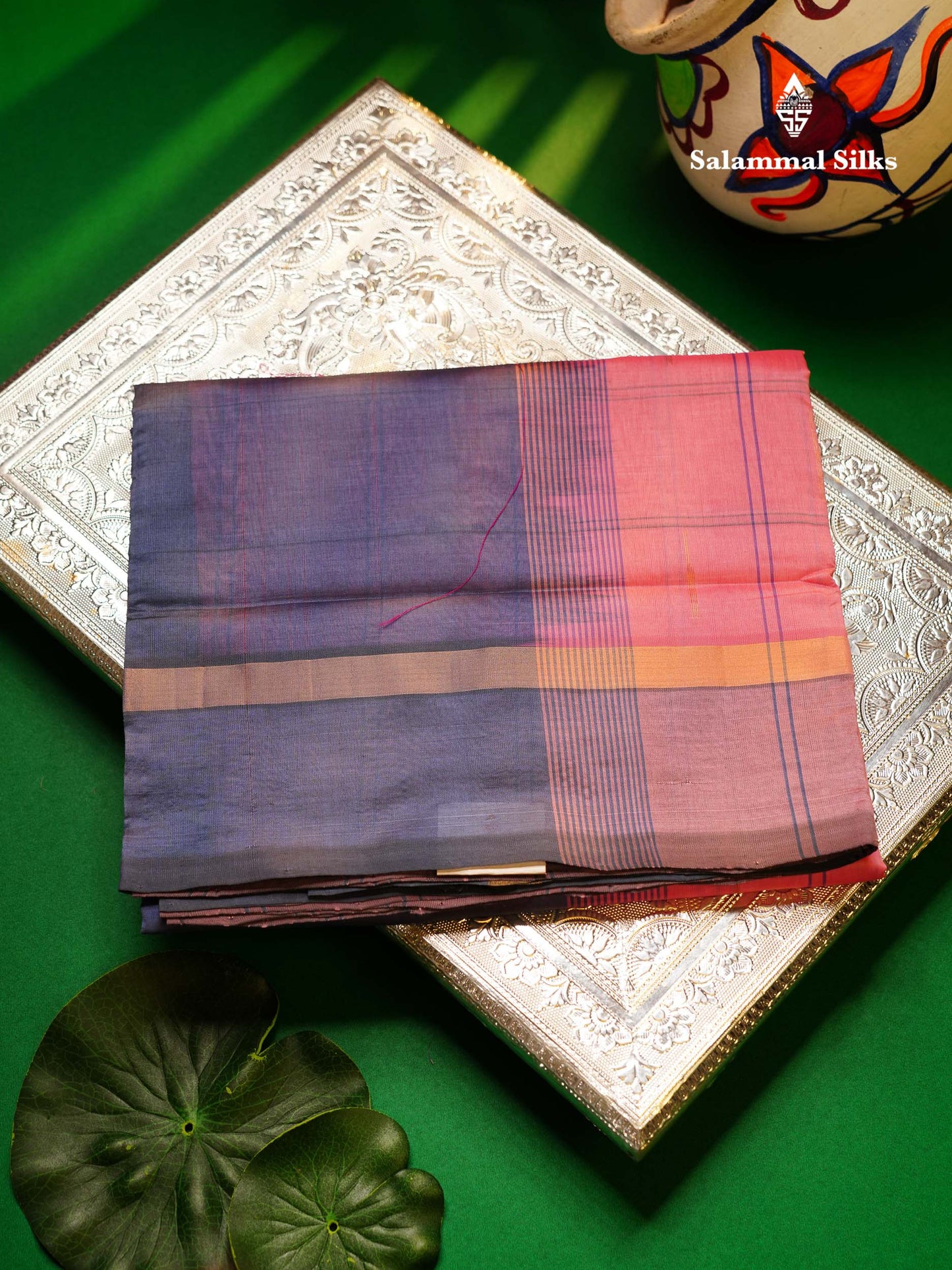 Beautiful Light Pink Checks With Malli Moggu Butta Semi Silk Cotton Saree With Contrast Blueish Grey Blouse