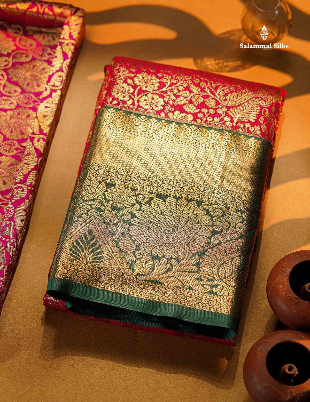 Beautiful Chilly Red Bridal Semi Silk Saree With Contrast Bottle Green Traditional Evening Morning Border