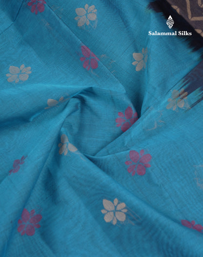 Beautiful Ramar Blue Thread Work Butta Handloom Pure Cotton Saree With Contrast Navy Blue Blouse