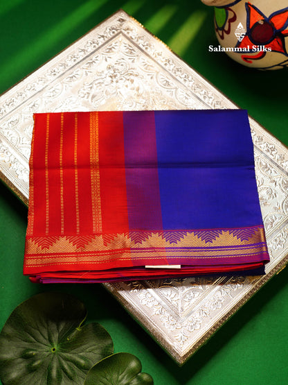 Beautiful Dual Tone Royal Blue Plain Semi Silk Cotton Saree With Contrast Chilly Red Blouse