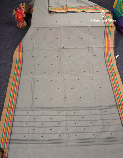 Beautiful Elephant Grey Thread Work Butta Pure Cotton Saree With Traditional Border