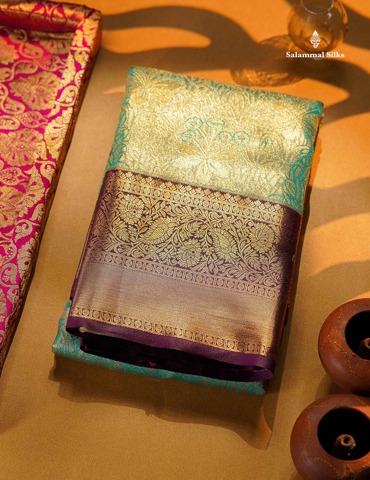 Beautiful Sea Green Tissue Bridal Semi Silk Saree With Contrast Dark Violet Traditional Border