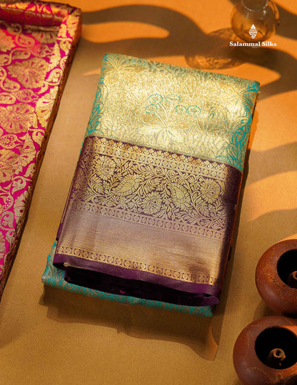 Beautiful Sea Green Tissue Bridal Semi Silk Saree With Contrast Dark Violet Traditional Border