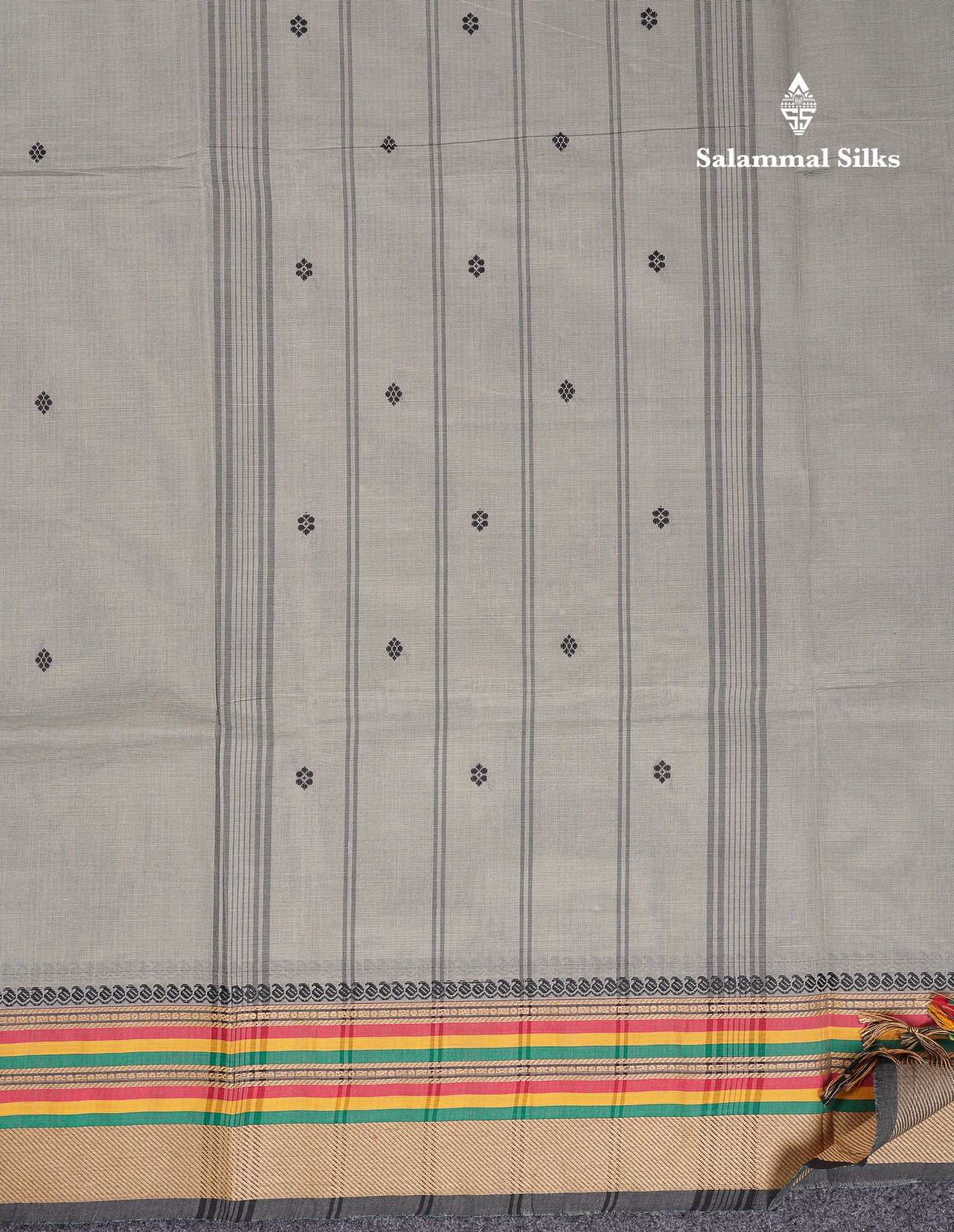 Beautiful Elephant Grey Thread Work Butta Pure Cotton Saree With Traditional Border