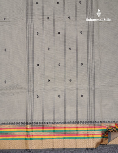 Beautiful Elephant Grey Thread Work Butta Pure Cotton Saree With Traditional Border