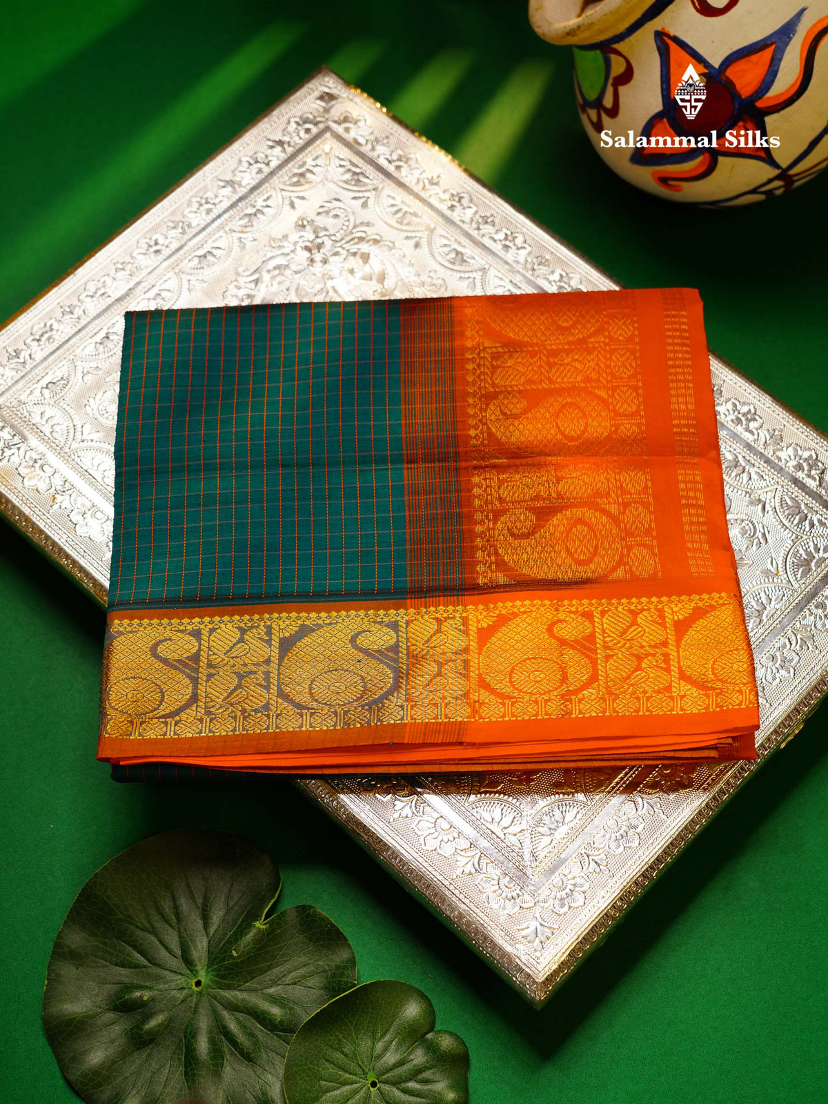 Beautiful Peacock Green Small Checks Semi Silk Cotton Saree With Contrast Orange Blouse