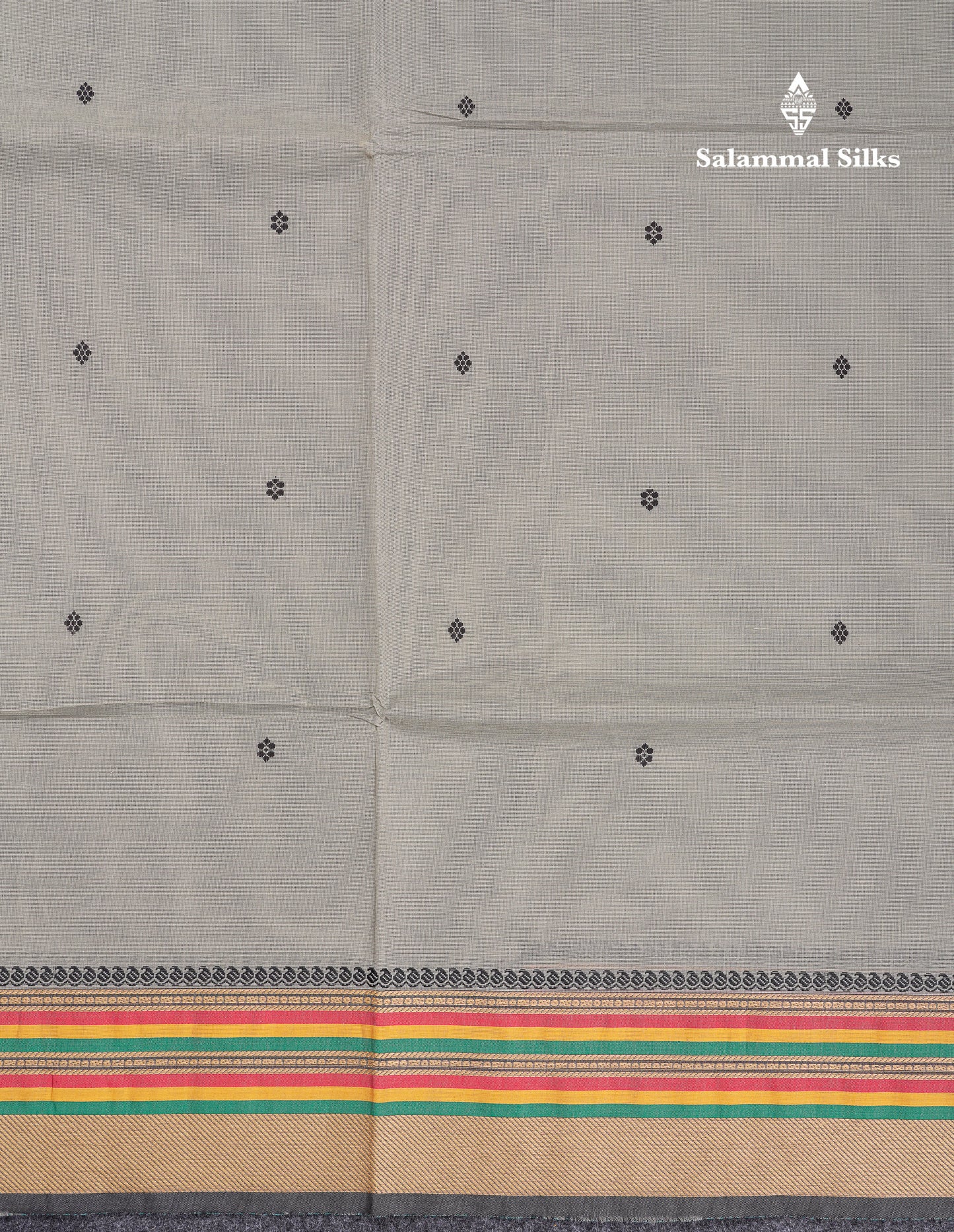 Beautiful Elephant Grey Thread Work Butta Pure Cotton Saree With Traditional Border